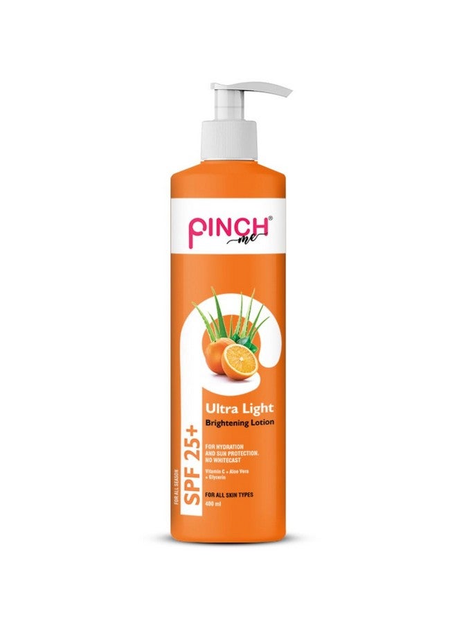 Pinch Me لوشن الجسم المضيء الخفيف للغاية من بينش مي، SPF 25+، فيتامين C، جلسرين وصبار، 400 مل. لوشن مغذي عميق للجسم للنساء والرجال، للبشرة الجافة | بشرة ناعمة وصحية المظهر | ترطيب لمدة 12 ساعة | يخفف، ينعم البشرة الخشنة والمطبات، بشرة ناعمة ومتألقة | لجميع الفصول - Image 1