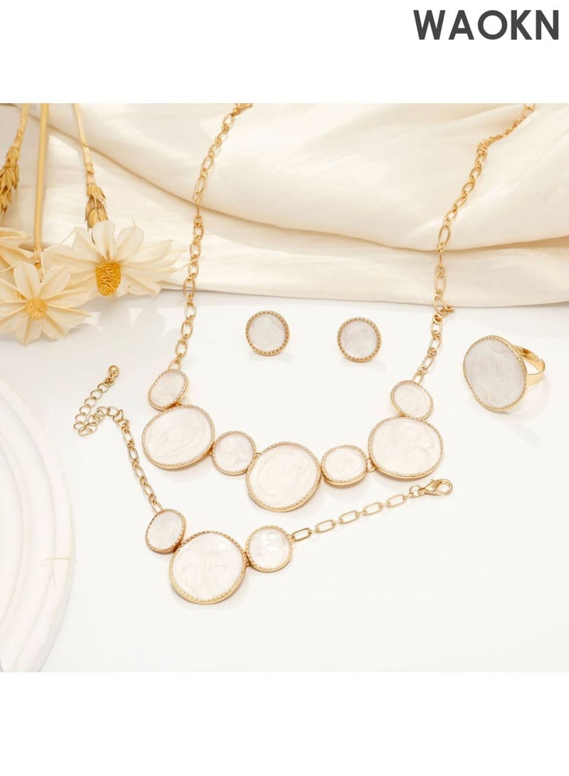 WAOKN 4 Pcs Jewelry Set , White Irregular Round Bracelet, Necklace , Ring , Earrings , Party Wedding Jewelry Accessories , Can be Given As Gift for Women , girlfriednd , mother , wife , alloy material , white . - Image 3