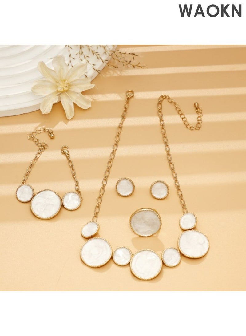 WAOKN 4 Pcs Jewelry Set , White Irregular Round Bracelet, Necklace , Ring , Earrings , Party Wedding Jewelry Accessories , Can be Given As Gift for Women , girlfriednd , mother , wife , alloy material , white . - Image 4