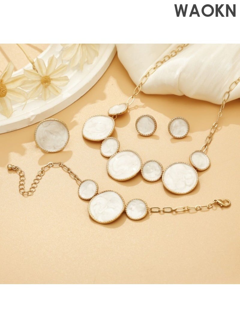 WAOKN 4 Pcs Jewelry Set , White Irregular Round Bracelet, Necklace , Ring , Earrings , Party Wedding Jewelry Accessories , Can be Given As Gift for Women , girlfriednd , mother , wife , alloy material , white . - Image 2
