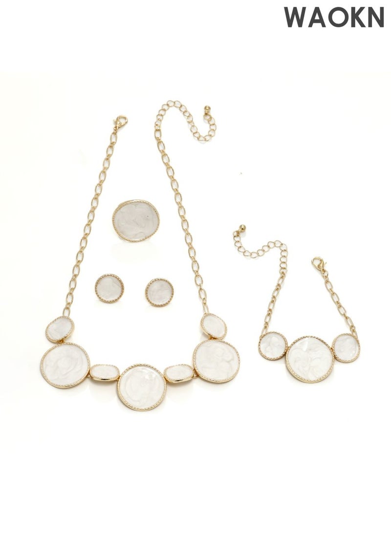 WAOKN 4 Pcs Jewelry Set , White Irregular Round Bracelet, Necklace , Ring , Earrings , Party Wedding Jewelry Accessories , Can be Given As Gift for Women , girlfriednd , mother , wife , alloy material , white . - Image 5