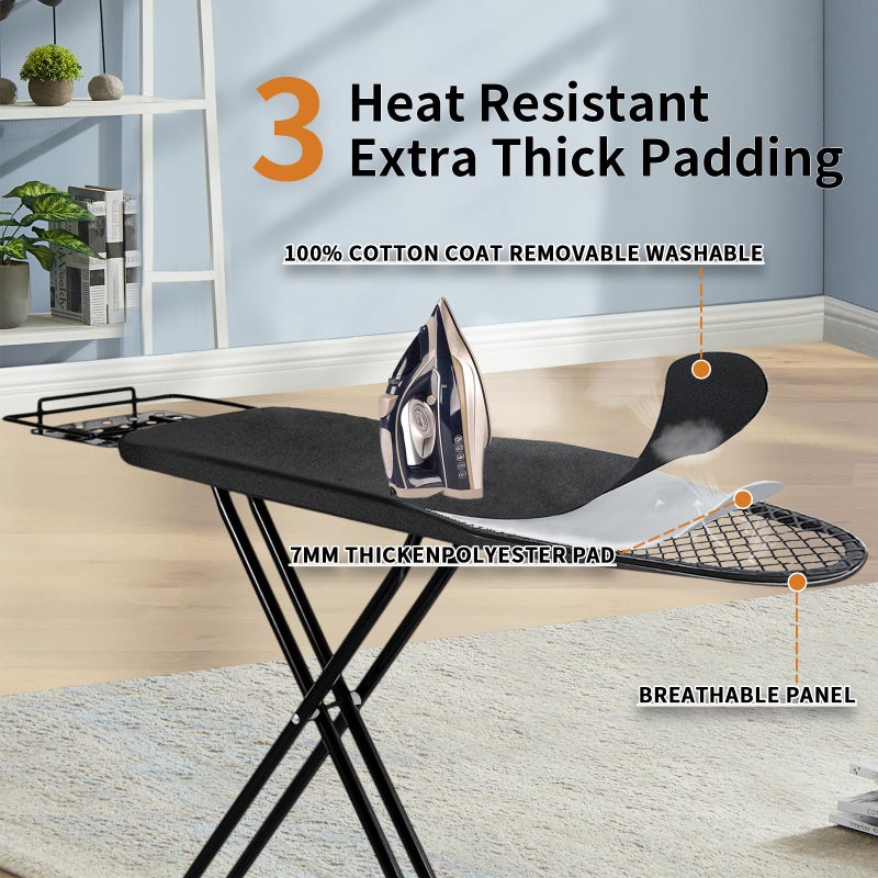 Tondid Ironing Board, 43x14 Inch Iron Board with Steam Rest, Heavy Duty Metal Frame Legs Ironing Table with Heat Resistant Cover Mat, Foldable Full Size Hanger Ironing Stand (Black, 52" L x 14" W x 34.6" H) - Image 3