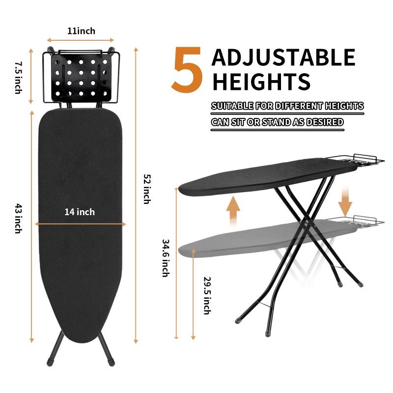 Tondid Ironing Board, 43x14 Inch Iron Board with Steam Rest, Heavy Duty Metal Frame Legs Ironing Table with Heat Resistant Cover Mat, Foldable Full Size Hanger Ironing Stand (Black, 52" L x 14" W x 34.6" H) - Image 2