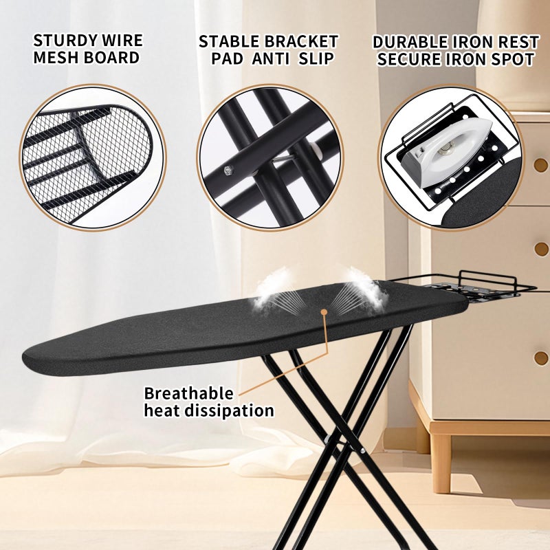 Tondid Ironing Board, 43x14 Inch Iron Board with Steam Rest, Heavy Duty Metal Frame Legs Ironing Table with Heat Resistant Cover Mat, Foldable Full Size Hanger Ironing Stand (Black, 52" L x 14" W x 34.6" H) - Image 4