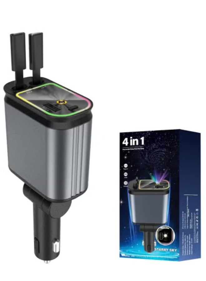SMARTX شاحن سيارة قابل للسحب 4 في 1 مع نجوم متلألئة، شاحن سيارة قابل للسحب مع جهاز عرض نجوم و LED، شحن سريع للسيارة، شاحن هاتف سيارة قابل للسحب مع كابلات قابلة للسحب للهاتف - Image 2
