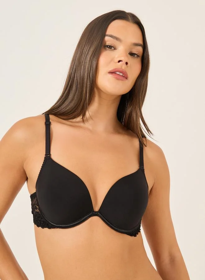 Take Two Take Two Solid Lace Detail Padded Wired Push Up Bra