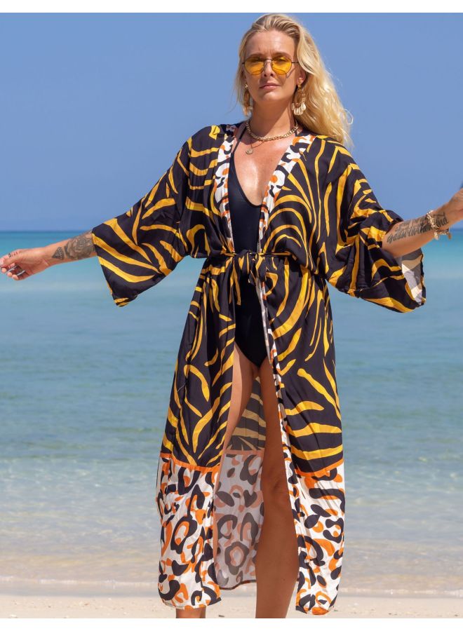 Generic Cotton Print Cardigan Vacation Casual Beach Bikini Mousse 1062 22 Color-Color:Black And Yellow Markings 10- - Image 1