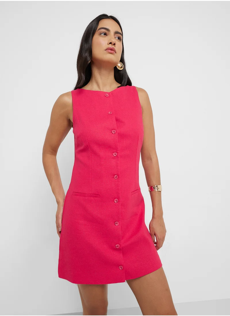 مانجو Short Button-Down Linen-Blend Dress