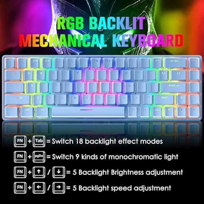 rayihni 65% WIRED GAMING MECHANICAL KEYBOARD AND MOUSE COMBO, MINI 68 KEYS, RGB BACKLIGHT, LIGHTWEIGHT RGB 6400DPI HONEYCOMB OPTICAL MOUSE,MOUSE PAD COMPATIBLE WITH PS4,XBOX,PC,LAPTOP,MAC (BLUE/BLUE SWITCH) - Image 2