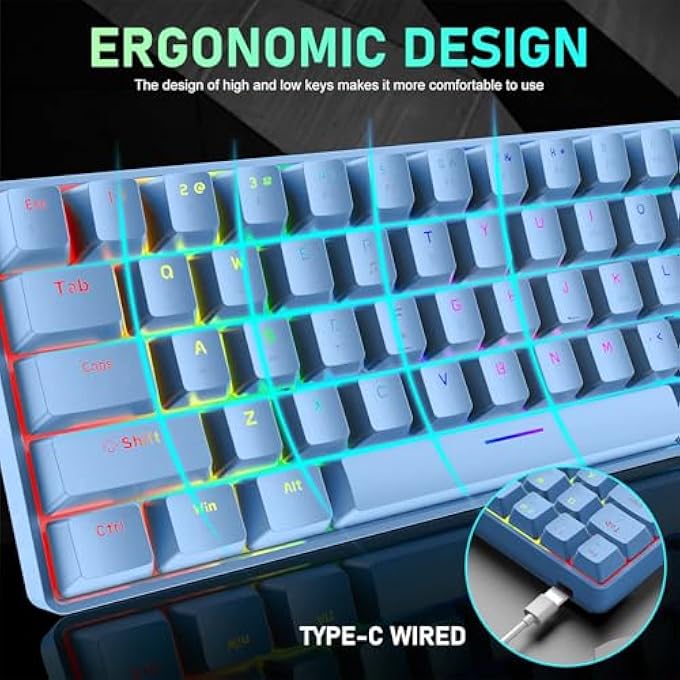 rayihni 65% WIRED GAMING MECHANICAL KEYBOARD AND MOUSE COMBO, MINI 68 KEYS, RGB BACKLIGHT, LIGHTWEIGHT RGB 6400DPI HONEYCOMB OPTICAL MOUSE,MOUSE PAD COMPATIBLE WITH PS4,XBOX,PC,LAPTOP,MAC (BLUE/BLUE SWITCH) - Image 3