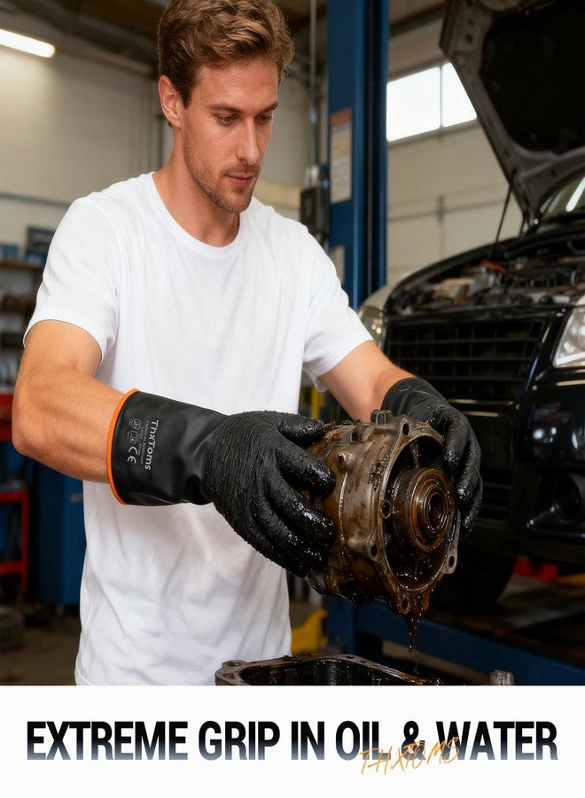 ThxToms Heavy Duty Rubber Gloves, Industrial Chemical Resistant Gloves Waterproof Reusable Protective Work Gloves for Cleaning, Dishwashing,Upgraded with Non-Slip Design, Black, 14" 1 Pair - Image 2