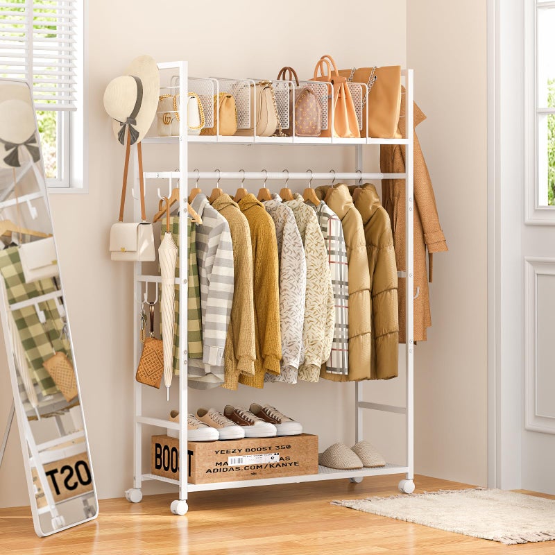 3IngSeagulls Portable Clothes Rack with Adjustable Shelf Divider, Freestanding Closet Organizers and Storage, Garment Rack and Purse Storage with 8 Hooks, Clothes Organizer on Wheels for Hanging Clothes, White - Image 1