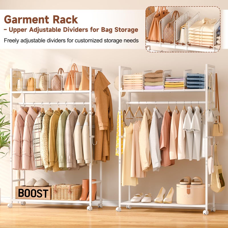 3IngSeagulls Portable Clothes Rack with Adjustable Shelf Divider, Freestanding Closet Organizers and Storage, Garment Rack and Purse Storage with 8 Hooks, Clothes Organizer on Wheels for Hanging Clothes, White - Image 3