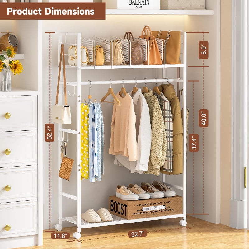 3IngSeagulls Portable Clothes Rack with Adjustable Shelf Divider, Freestanding Closet Organizers and Storage, Garment Rack and Purse Storage with 8 Hooks, Clothes Organizer on Wheels for Hanging Clothes, White - Image 2