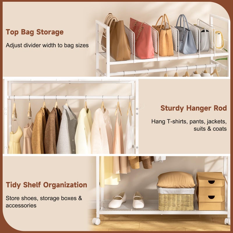 3IngSeagulls Portable Clothes Rack with Adjustable Shelf Divider, Freestanding Closet Organizers and Storage, Garment Rack and Purse Storage with 8 Hooks, Clothes Organizer on Wheels for Hanging Clothes, White - Image 4
