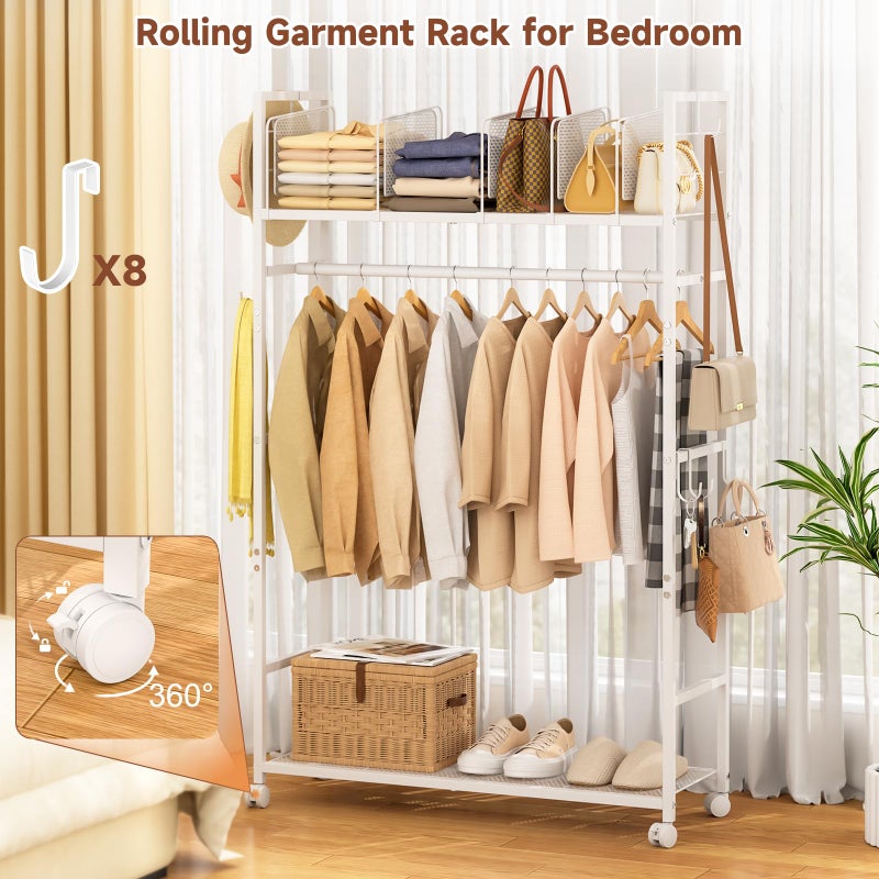 3IngSeagulls Portable Clothes Rack with Adjustable Shelf Divider, Freestanding Closet Organizers and Storage, Garment Rack and Purse Storage with 8 Hooks, Clothes Organizer on Wheels for Hanging Clothes, White - Image 5