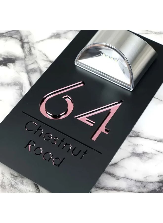Black With Silvery Lettering Customizable Solar LED Door Sign Personalized House Number Address Plaque - Image 1