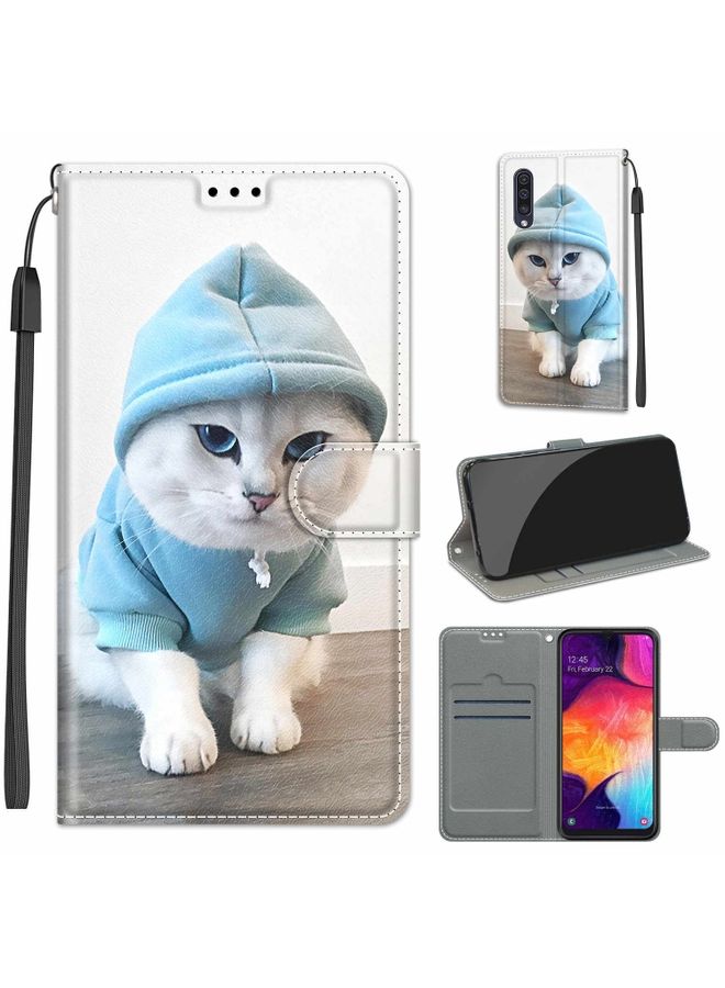 Case Cover For Samsung Galaxy A50 Voltage Colored Drawing Magnetic Clasp Horizontal Flip PU Leather Case with Holder & Card Slots C15 Blue Sweater White Cat
