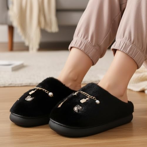 VRITRAZ Fur Slippers for Women With Golden Charms | Soft Indoor Winter Wear Footwear | Stylish Warm Plush Slides (Size 6, Black) - Image 3