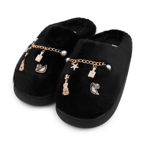 VRITRAZ Fur Slippers for Women With Golden Charms | Soft Indoor Winter Wear Footwear | Stylish Warm Plush Slides (Size 6, Black) - Image 1