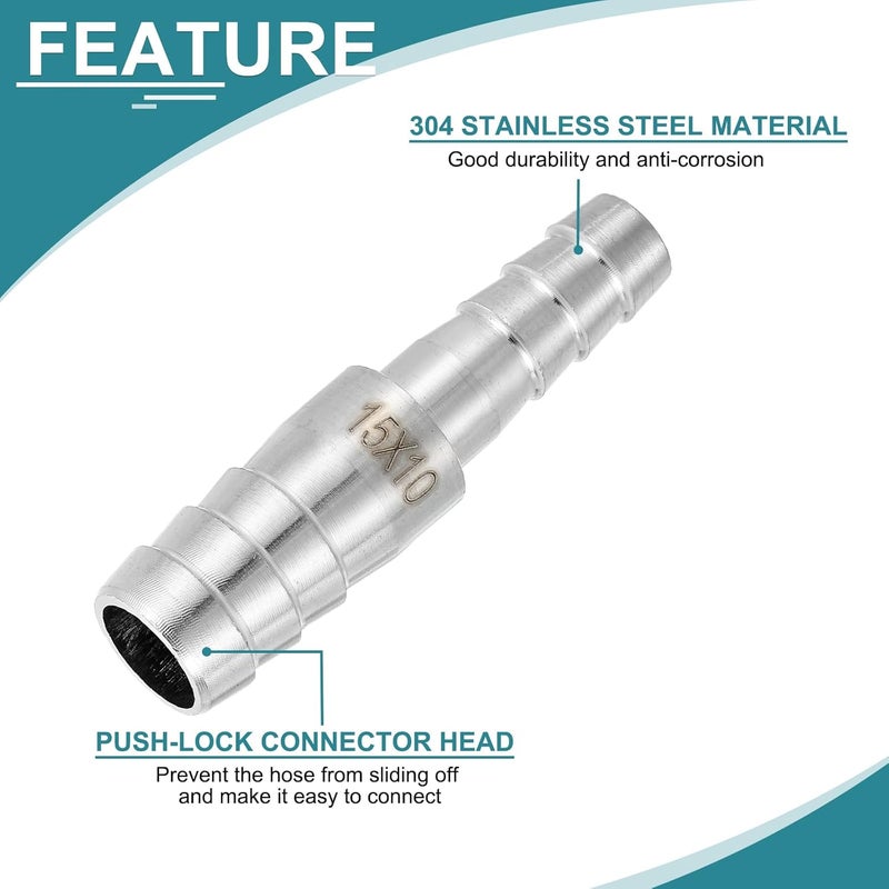 QUARKZMAN 2 pieces diameter 15 x 10 mm hose nozzle reducer pipe fitting, 304 stainless steel hose pipe fitting for vacuum systems, industrial pipe connections, silver - Image 3