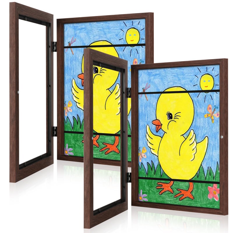 2Pack Kids Art Frames 9x12 Front Opening Kids Artwork Frames Changeable Brown Artwork Display Storage Frame for Wall Holds 50 Pcs for 3D Picture Crafts Children Drawing Hanging Art Portfolio