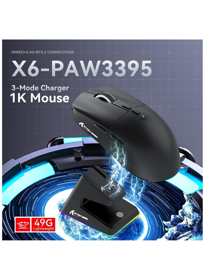 ATTACK SHARK X6 Lightweight Wireless Gaming Mouse with RGB Backlight Charging Base,Tri-Mode Wired/2.4GHz/BT5.2,26K DPI, PAW3395 Optical Sensor,HUANO Switch,5programmable Buttons,PC/Mac(Black) - Image 2