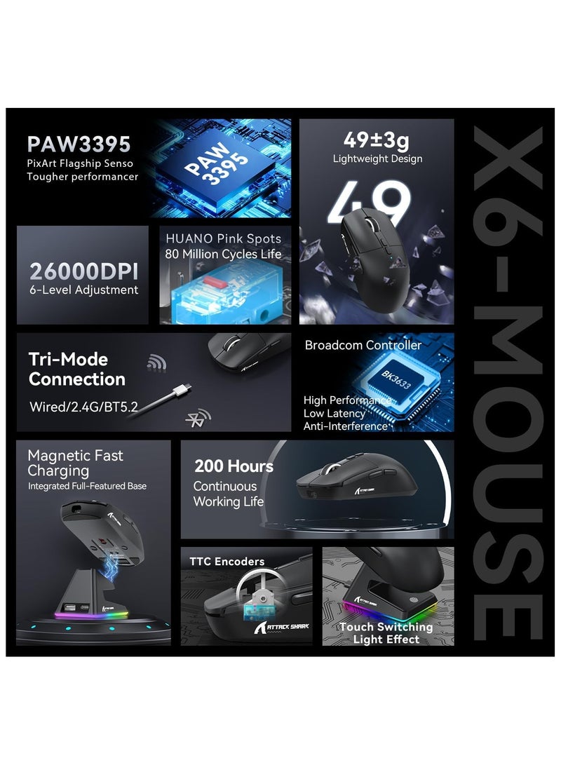 ATTACK SHARK X6 Lightweight Wireless Gaming Mouse with RGB Backlight Charging Base,Tri-Mode Wired/2.4GHz/BT5.2,26K DPI, PAW3395 Optical Sensor,HUANO Switch,5programmable Buttons,PC/Mac(Black) - Image 3