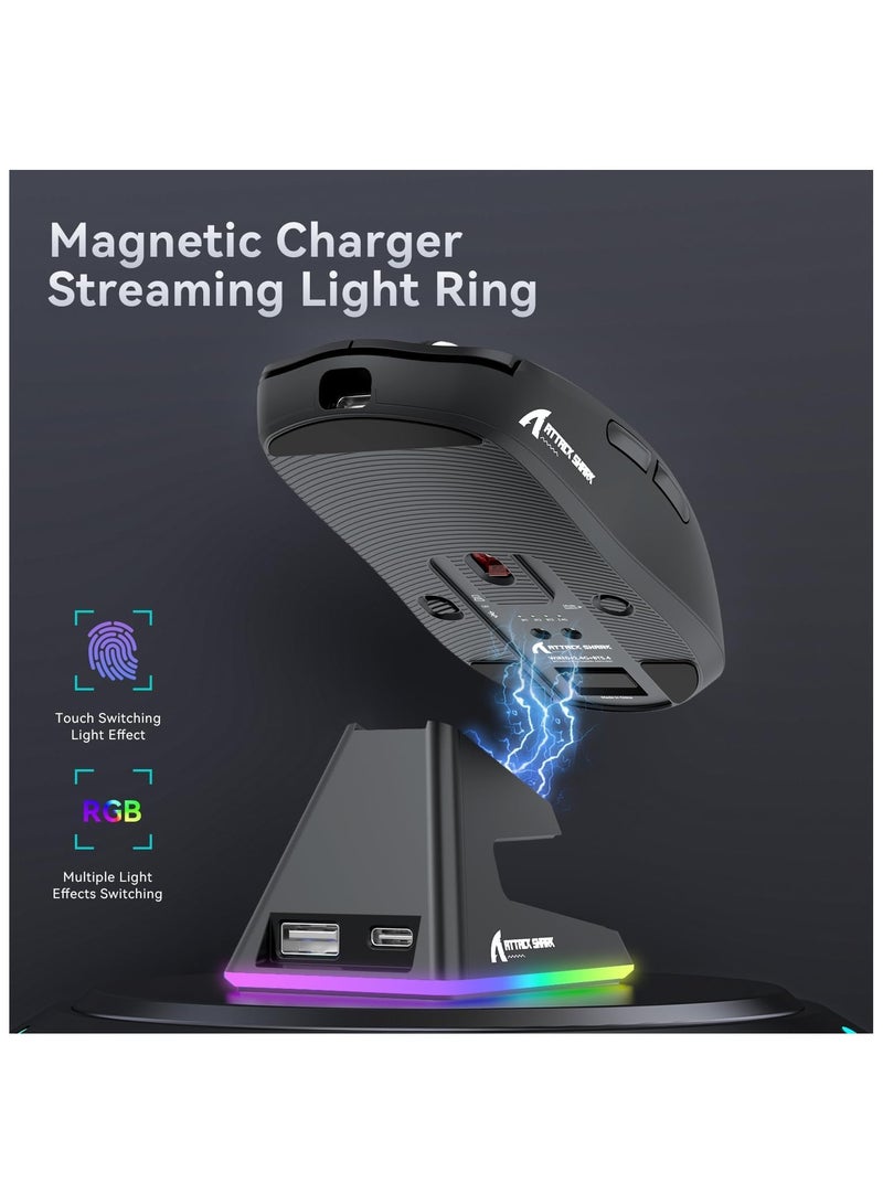 ATTACK SHARK X6 Lightweight Wireless Gaming Mouse with RGB Backlight Charging Base,Tri-Mode Wired/2.4GHz/BT5.2,26K DPI, PAW3395 Optical Sensor,HUANO Switch,5programmable Buttons,PC/Mac(Black) - Image 4