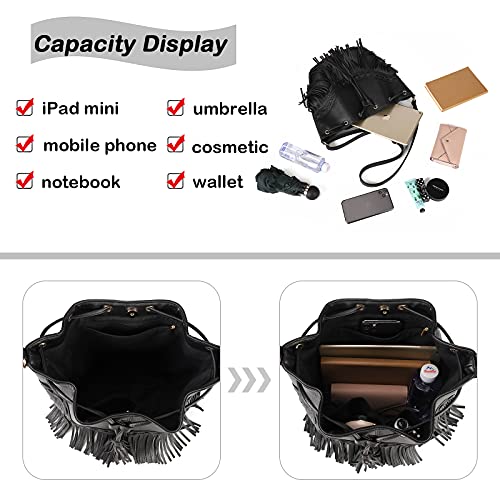 Gladdon Leather Bucket Bags for Women Crossbody Fringe Purses with Drawstring Ladies Tassel Hobo and Shoulder Handbags Black - Image 4