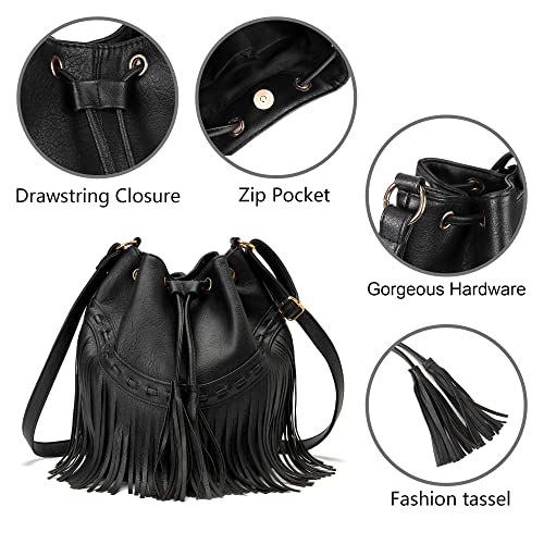Gladdon Leather Bucket Bags for Women Crossbody Fringe Purses with Drawstring Ladies Tassel Hobo and Shoulder Handbags Black - Image 5