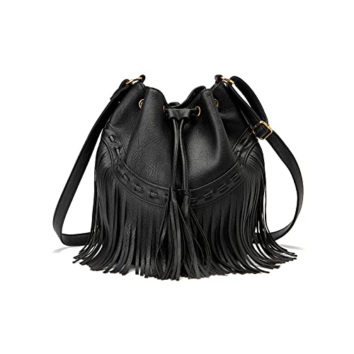 Gladdon Leather Bucket Bags for Women Crossbody Fringe Purses with Drawstring Ladies Tassel Hobo and Shoulder Handbags Black - Image 1