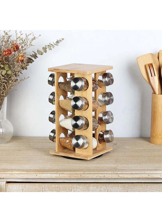 دانوب هوم Loretta 16-Piece Bamboo Spice Rack Set Natural Bamboo Stainless And Glass Tabletop Condiments Holder Spice Container Storage For Kitchen L15.5Xw15.5Xh29.2Hcm-16X90Ml - Natural