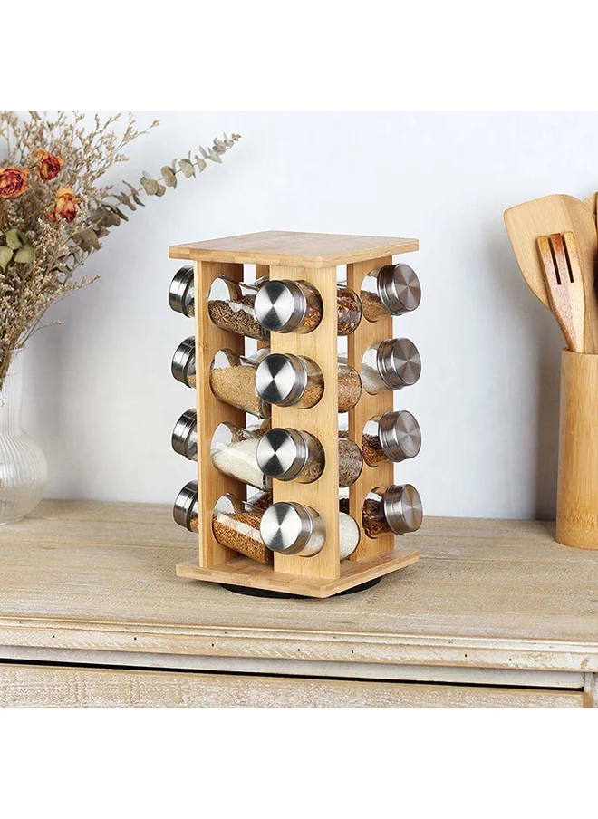 DANUBE HOME Loretta 16-Piece Bamboo Spice Rack Set Natural Bamboo Stainless And Glass Tabletop Condiments Holder Spice Container Storage For Kitchen L15.5Xw15.5Xh29.2Hcm-16X90Ml - Natural