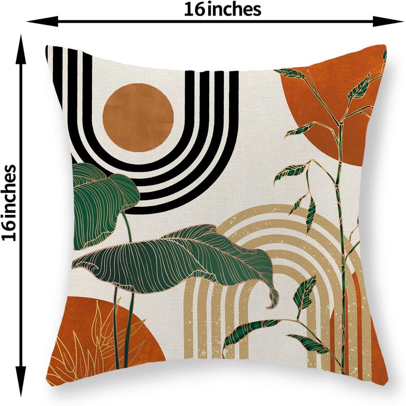 JEFERSO Boho Orange Pillow Covers 16x16 Set of 2 Gold Green Leaf Tropical Mid Century Throw Pillows Outdoor Bohemian Abstract Modern Decorative Pillowcase Farmhouse Cushion Case for Couch Sofa Decor - Image 2