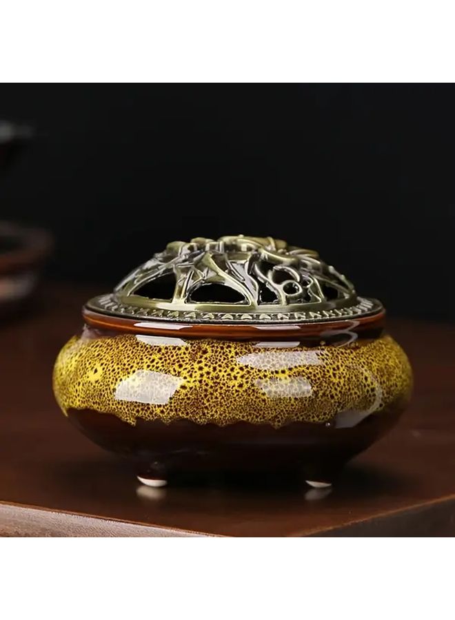 موقد البخور الخزفي الرمادي الفرن مع غطاء نحاسي عتيق، سجادة مقاومة للحريق، تصميم زهري، ديكور المنزل - Image 4