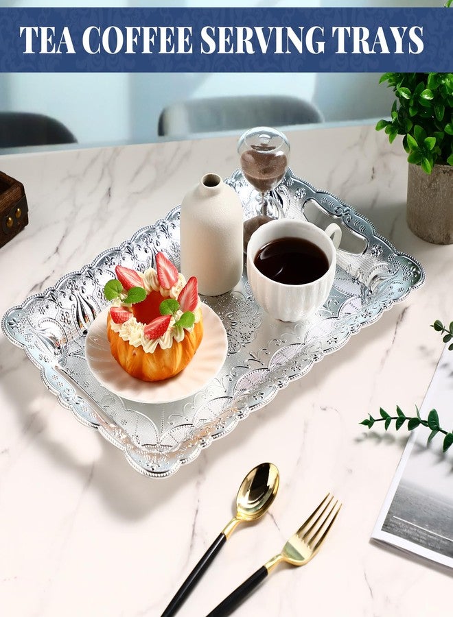 LemonRoad 6 Packs Plastic Silver Serving Trays with Handles 17 x 11 Inch Retro Vintage Embossing Rectangle Reusable Party Snack Decorative Serving Trays for Tea Coffee Fruit Dessert - Image 3