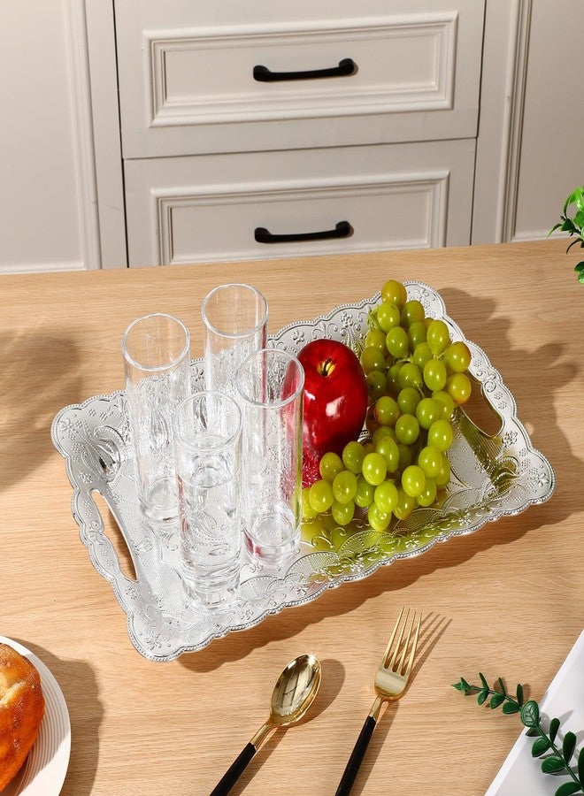 LemonRoad 6 Packs Plastic Silver Serving Trays with Handles 17 x 11 Inch Retro Vintage Embossing Rectangle Reusable Party Snack Decorative Serving Trays for Tea Coffee Fruit Dessert - Image 2