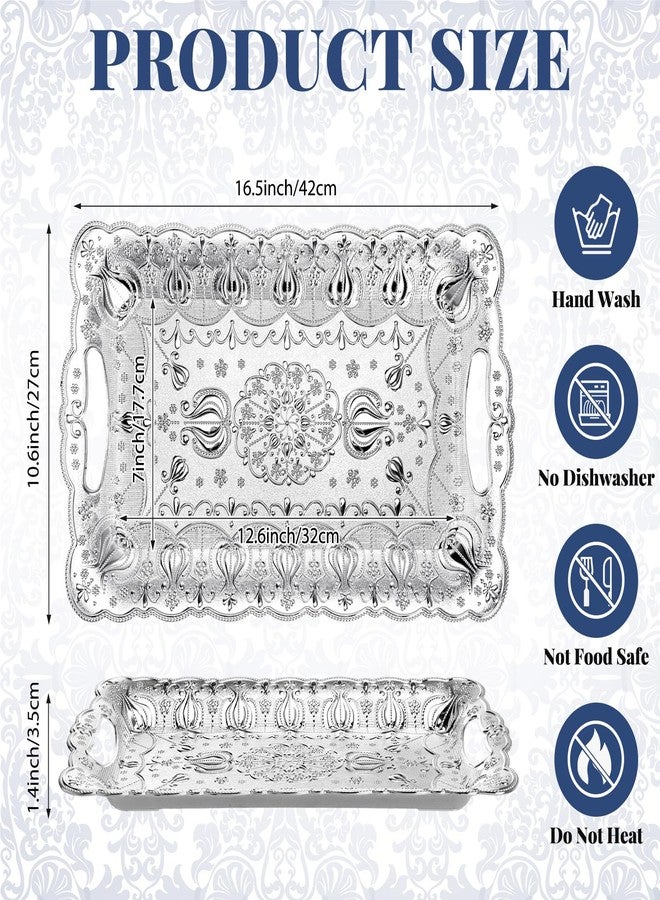 LemonRoad 6 Packs Plastic Silver Serving Trays with Handles 17 x 11 Inch Retro Vintage Embossing Rectangle Reusable Party Snack Decorative Serving Trays for Tea Coffee Fruit Dessert - Image 4
