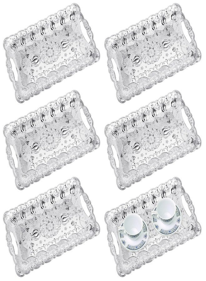 LemonRoad 6 Packs Plastic Silver Serving Trays with Handles 17 x 11 Inch Retro Vintage Embossing Rectangle Reusable Party Snack Decorative Serving Trays for Tea Coffee Fruit Dessert - Image 1