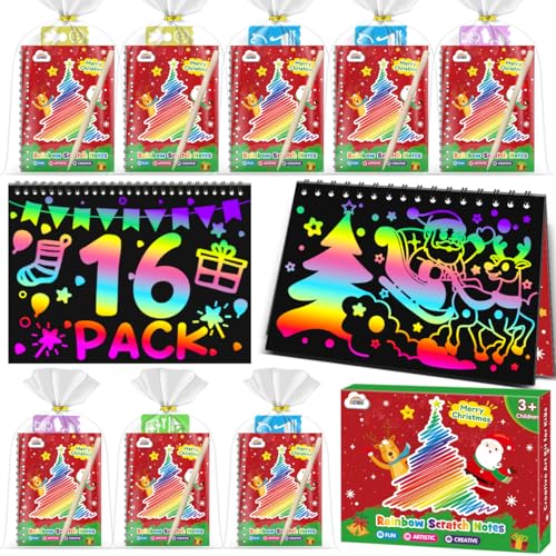 ZMLM Christmas Scratch Art Party Favors 16 Pack Rainbow Scratch Notebook Bulk Scratch Art for Kids Birthday Party Favors Girls Boys Christmas Gifts Toy Scratch Pads Classroom Prizes - Image 1