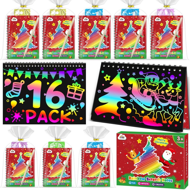 ZMLM Christmas Scratch Art Party Favors 16 Pack Rainbow Scratch Notebook Bulk Scratch Art for Kids Birthday Party Favors Girls Boys Christmas Gifts Toy Scratch Pads Classroom Prizes - Image 3