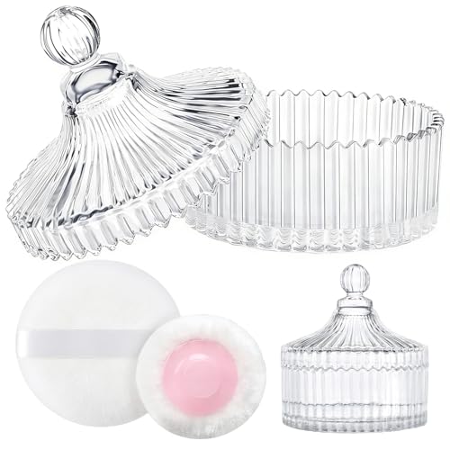 LAKIRA Large Body Powder Puff and Container 2 Large Powder Puffs Crystal Powder Container with 393 Puff for Baby Women Dusting Powder Container with Puffs for Women Bath Home Use 4 Pure - Image 1