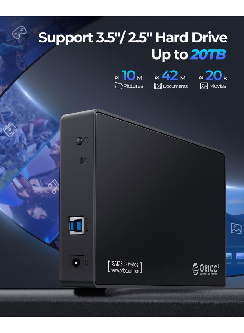 Orico ORICO USB 3.0 External Hard Drive Enclosure for 3.5/2.5 Inch SATA Hard Drives/SSD Up to 20 TB, 3.5'' Tool-Free HDD Enclosure with 12V/2A Power Supply and UASP Acceleration  - Image 5