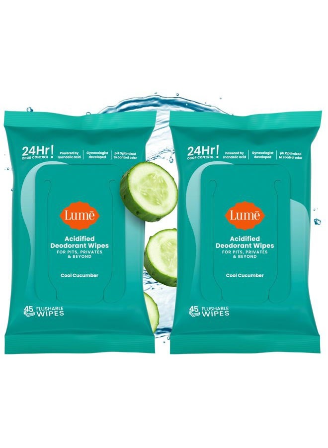 Lume Acidified Deodorant Wipes - 24 Hour Odor Control - Aluminum Free, Baking Soda Free, Skin Loving - 45 Count (Pack of 2) (Cool Cucumber) - Image 1