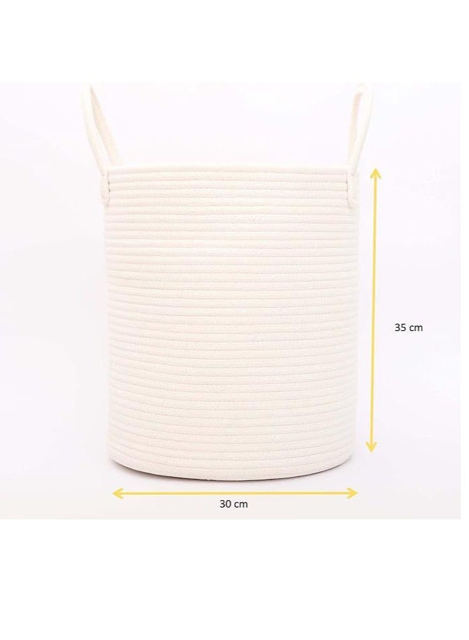 Cotton Rope Basket 30x35cm Woven Rope Basket with Handles for Storage of Laundry, Toys, Pillows, Baby, Blanket, Towels, Throws (White) - Image 4