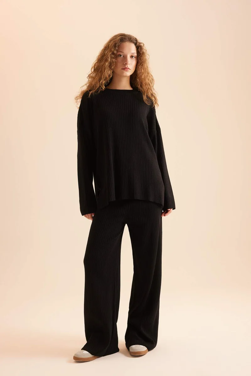 Defacto 3 Piece Set Crew Neck Knit Sweater and Relax Fit Wide Leg Pants