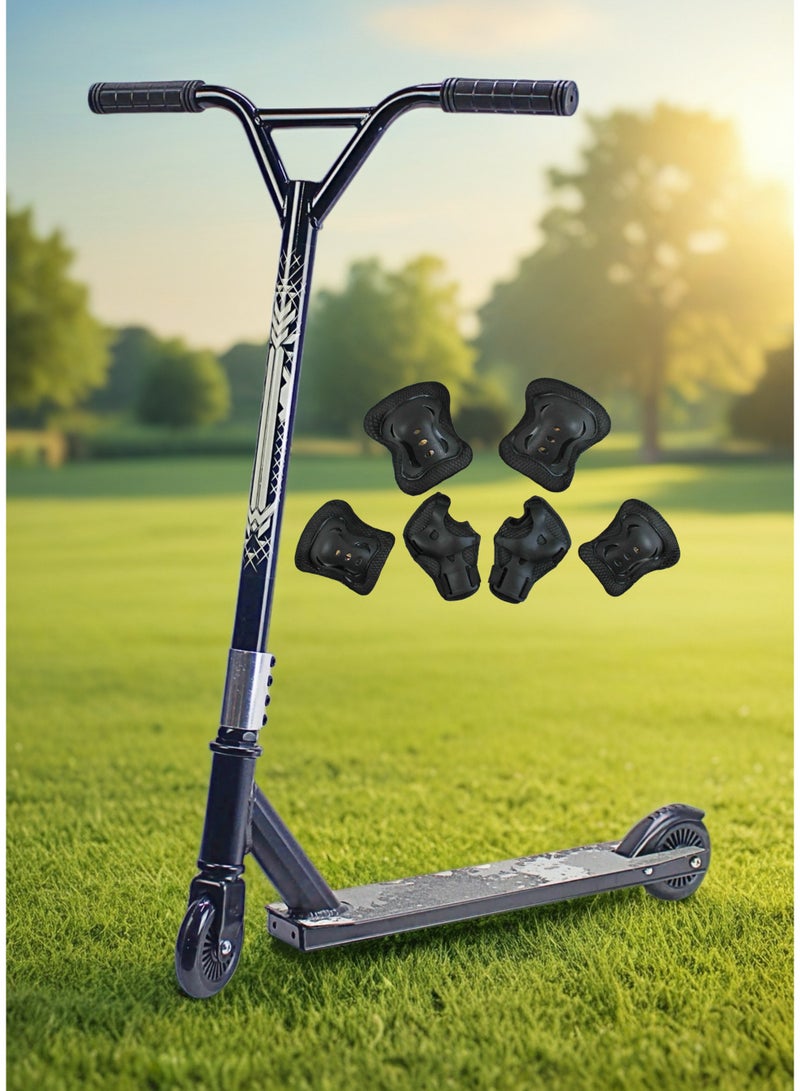 إيزي فيتشور سكوتر حركات بهلوانية احترافي من إيزي فيوتشر - عجلتان، سطح من الألومنيوم مع شريط تثبيت، عجلات من الألومنيوم 110 مم، مقود عريض على شكل حرف T، فرامل فولاذية، سكوتر حركات بهلوانية خفيف الوزن 360 درجة للمبتدئين والمتوسطين، بما في ذلك مجموعة معدات الحماية - Image 1