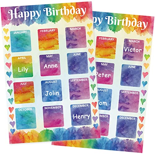 Wiooffen Happy Birthday Chart for Classroom, 2Pcs Birthday Poster Decoration 17’’ x 12’’Watercolor Birthday Calendar Cutouts for School Bulletin Board, Chalkboards, Wall Decor - Image 1