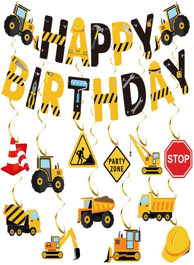 Fairooth 27 Pcs Construction Happy Birthday Banner Vehicle Truck Hanging Swirls Construction Party Ceiling Streamers Decoration for Birthday Party Decor - Image 1
